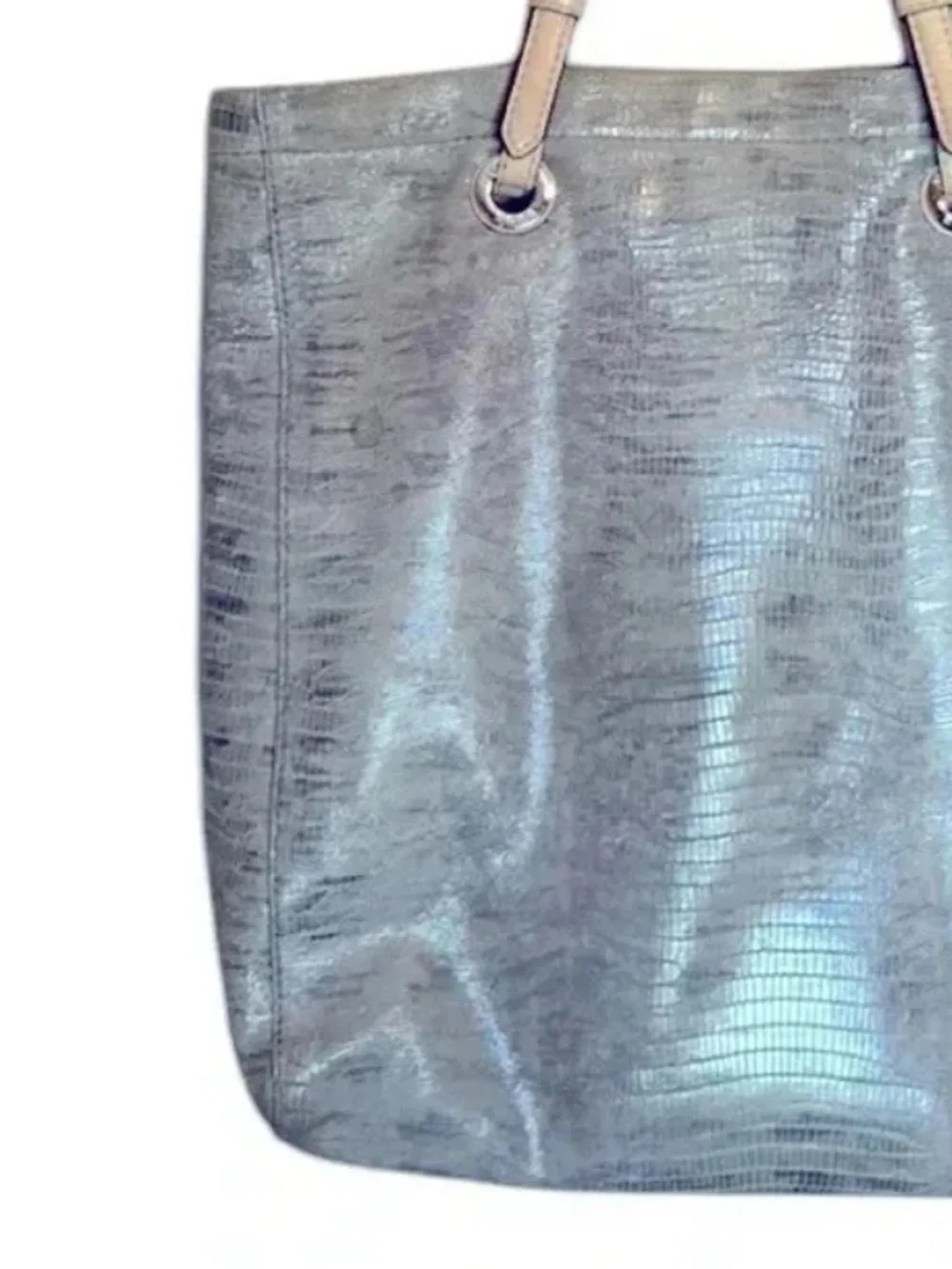 Michael Kors Silver Metallic Snakeprint Shoulder Tote Bag